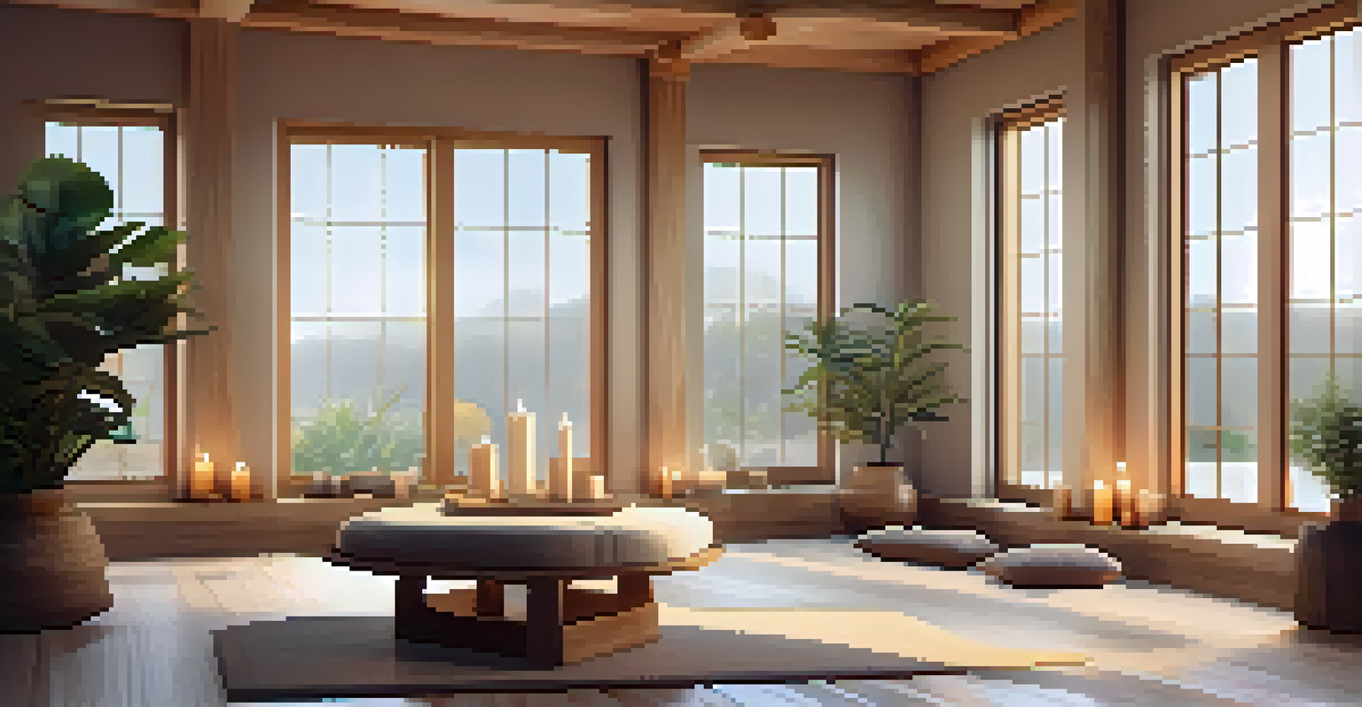 A cozy wellness retreat room with natural light, plants, and a meditation corner.
