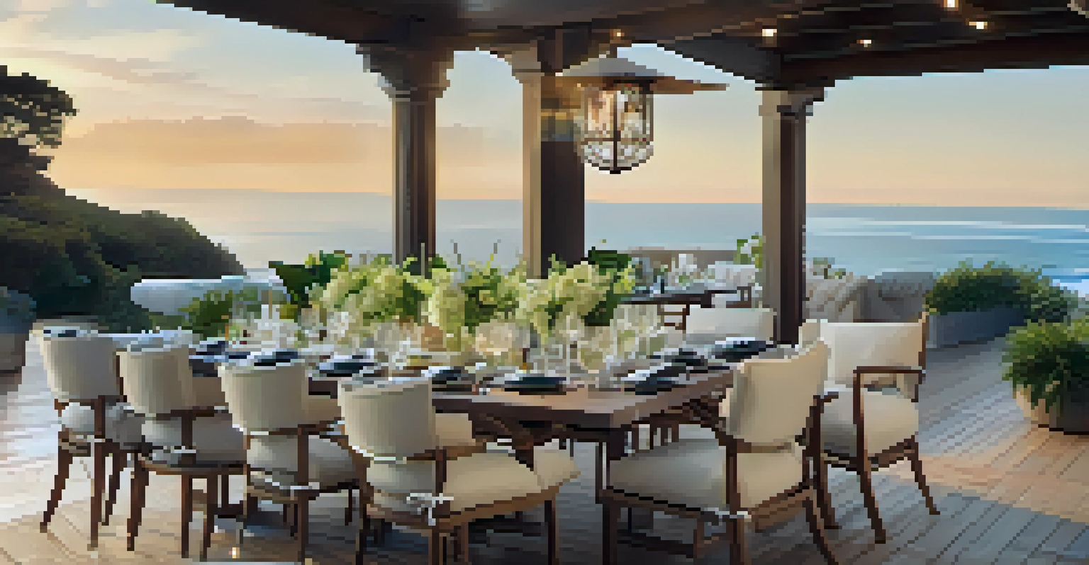 Outdoor dining setup on a deck overlooking the ocean, with a beautifully arranged table and ambient lighting.