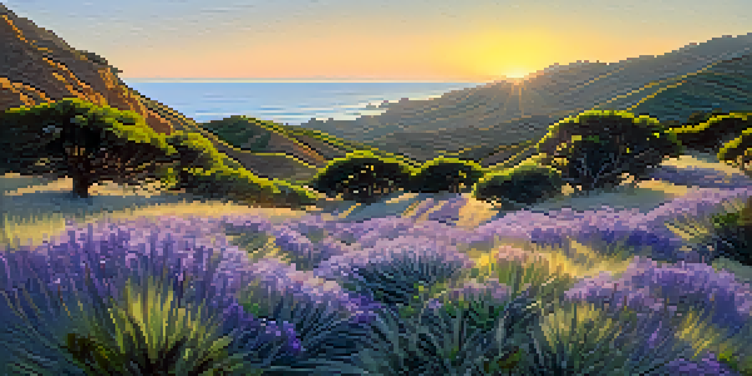 A beautiful Malibu coastal scene featuring blooming purple sage flowers and lush greenery under a warm sunset.