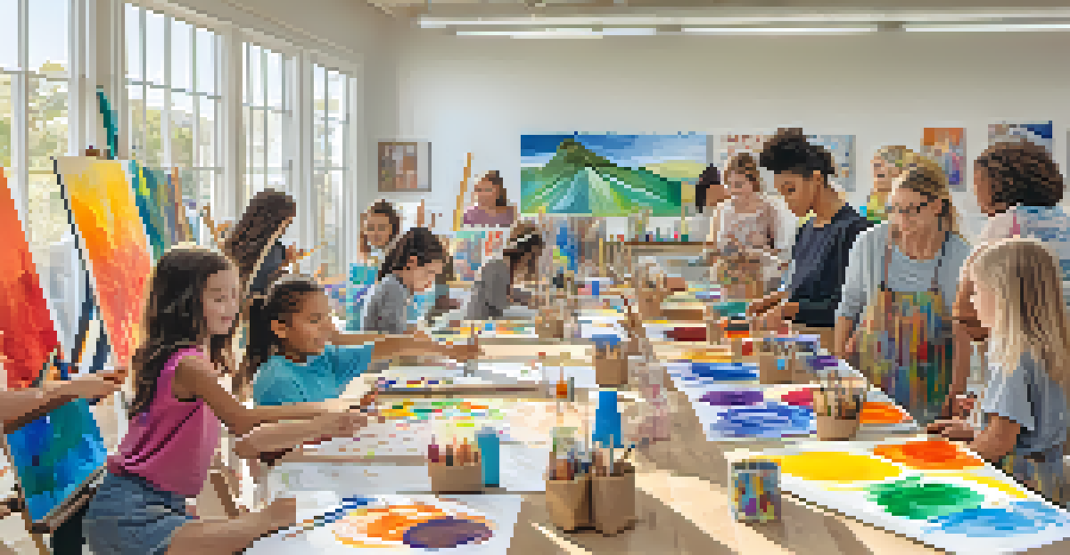 Children engaged in an art class, painting on canvases in a well-lit community center, surrounded by colorful art supplies.