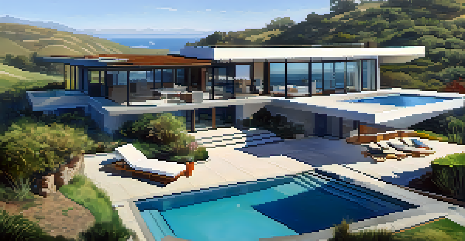Aerial view of a modern celebrity home in Malibu with eco-friendly features and ocean views.