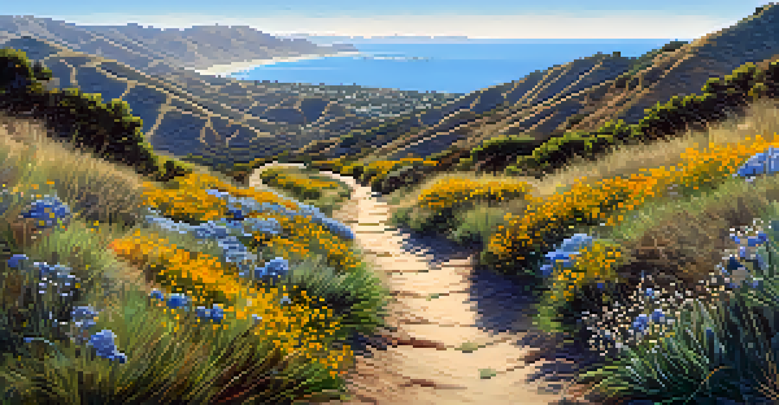A picturesque hiking trail in the Santa Monica Mountains with views of the coastline and blooming wildflowers.