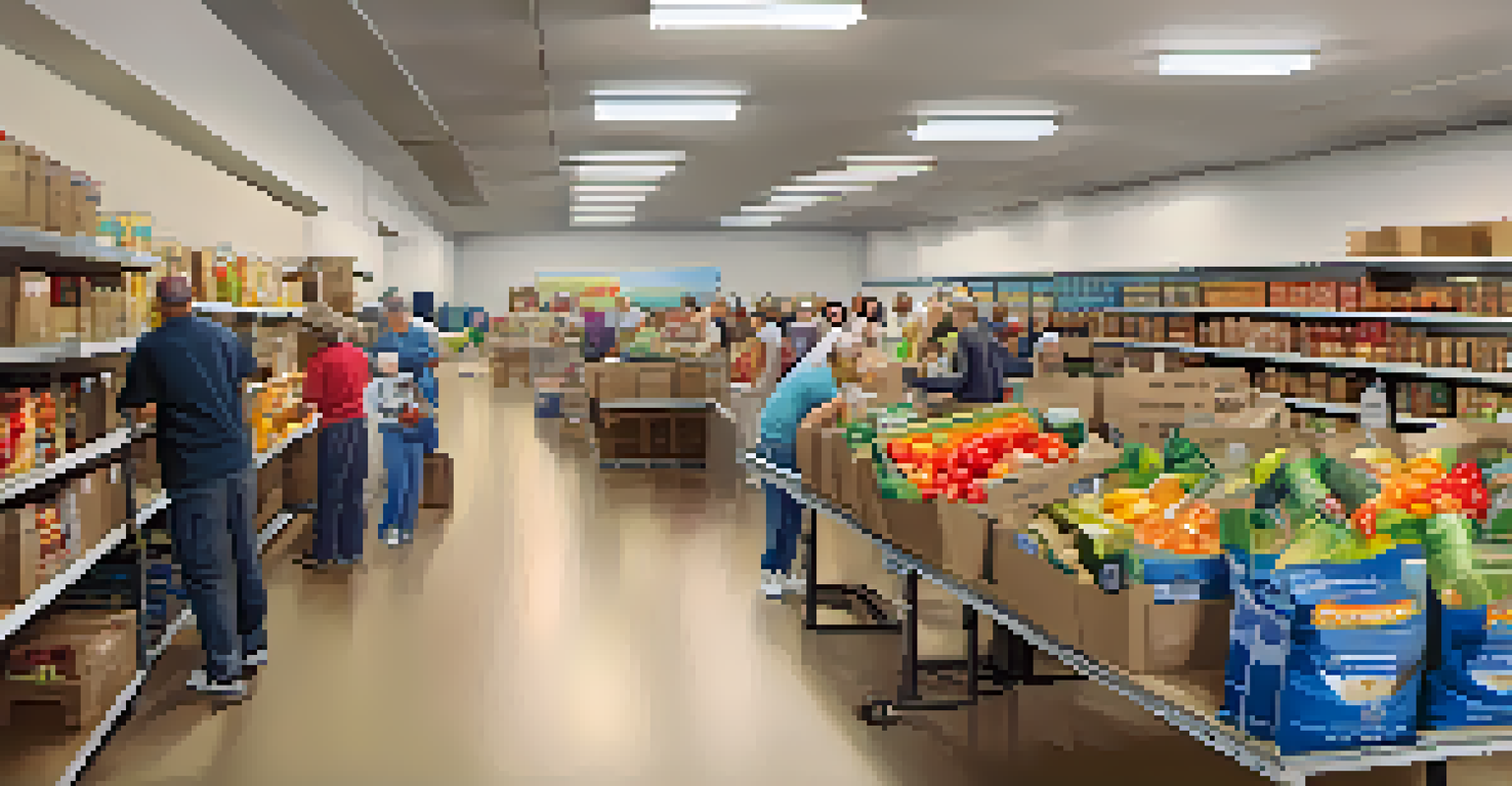 Volunteers sorting and distributing food at a local food bank in Malibu, with a welcoming and organized environment.