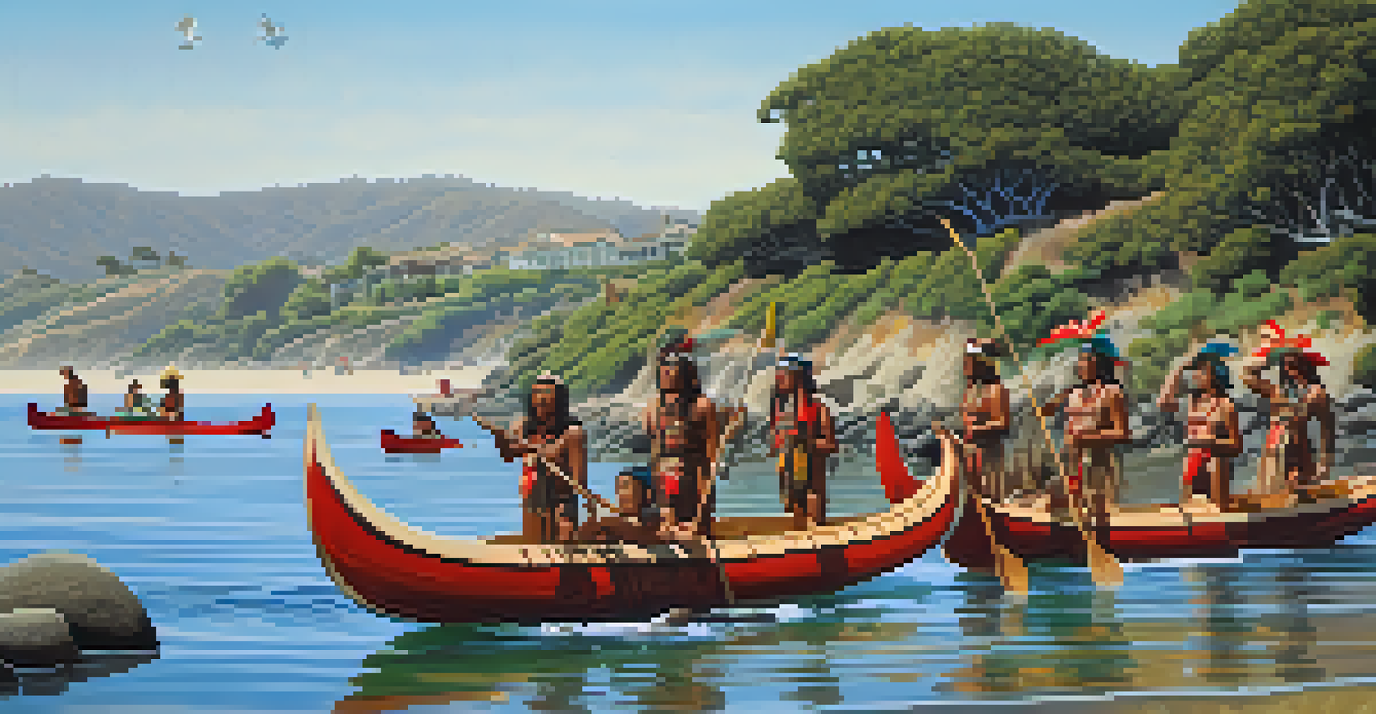 Chumash people in traditional canoes on the Malibu coastline, surrounded by greenery and a clear sky.