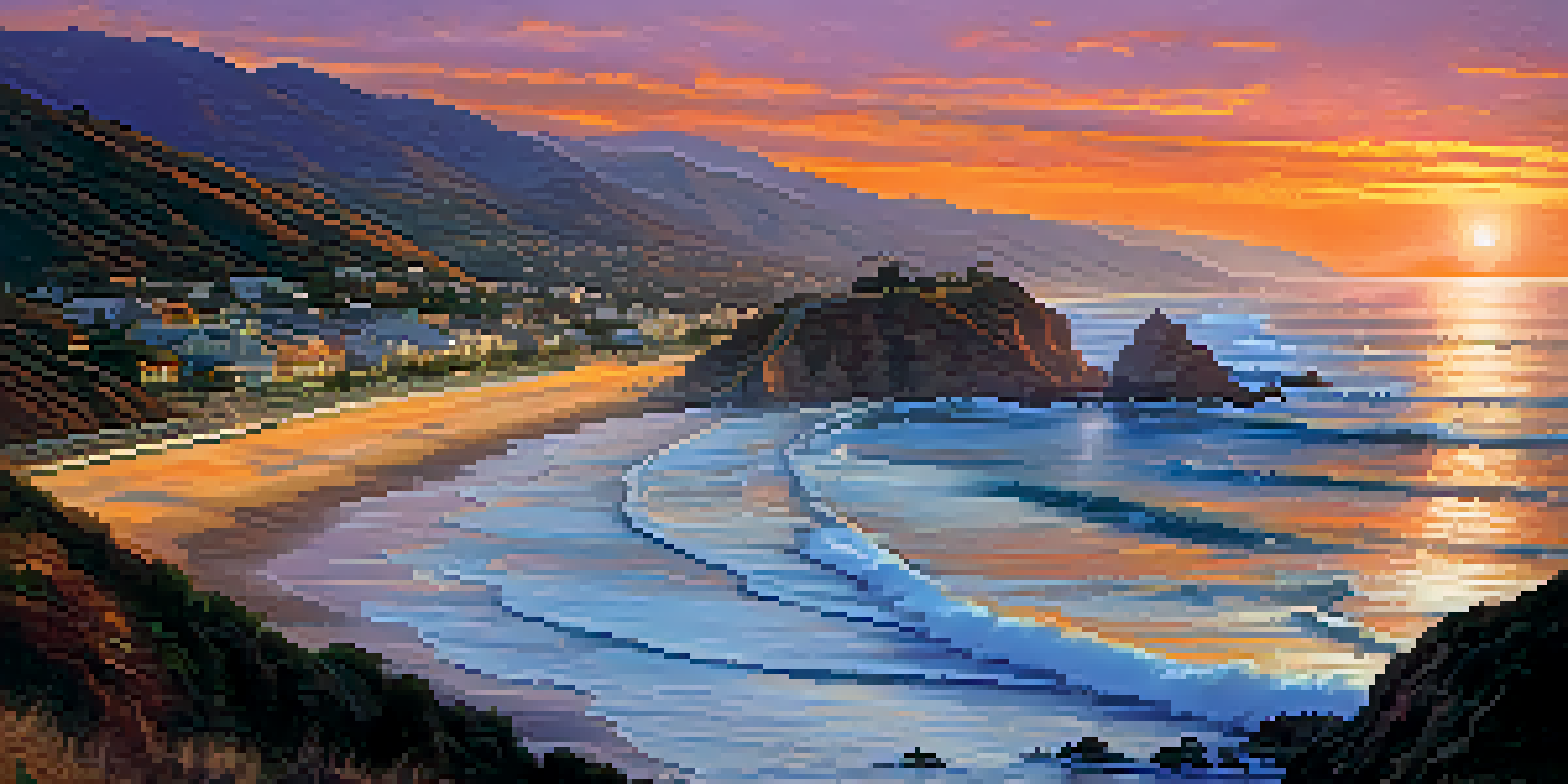 A picturesque sunset view of the Pacific Coast Highway with surfers in the ocean and waves crashing against cliffs.