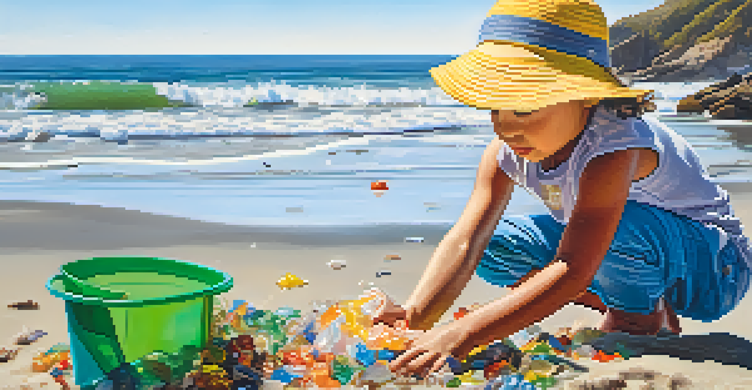 A child picking up plastic waste on a Malibu beach with vibrant natural scenery in the background.