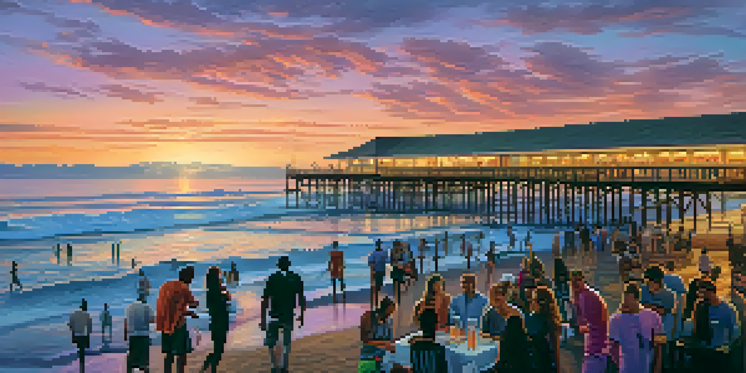 A beautiful sunset view from Malibu Pier, with surfers in the waves and people enjoying drinks on the pier.