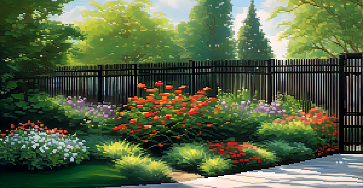 A stylish metal fence enclosing a vibrant garden, illuminated by soft lighting, highlighting the beauty and safety.