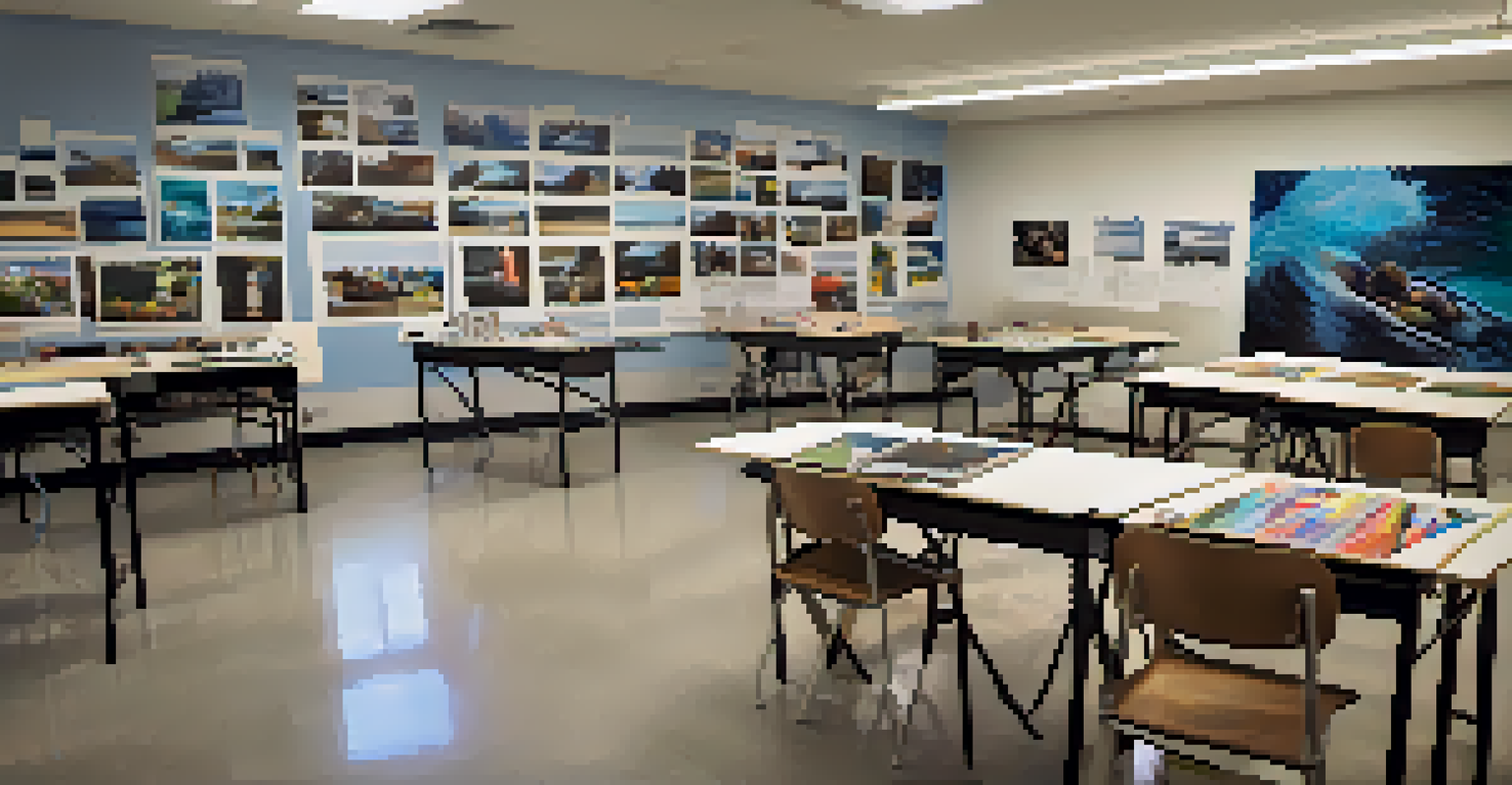 Students participating in a photography workshop inside a creative arts classroom at Malibu High School, surrounded by cameras and artistic displays.