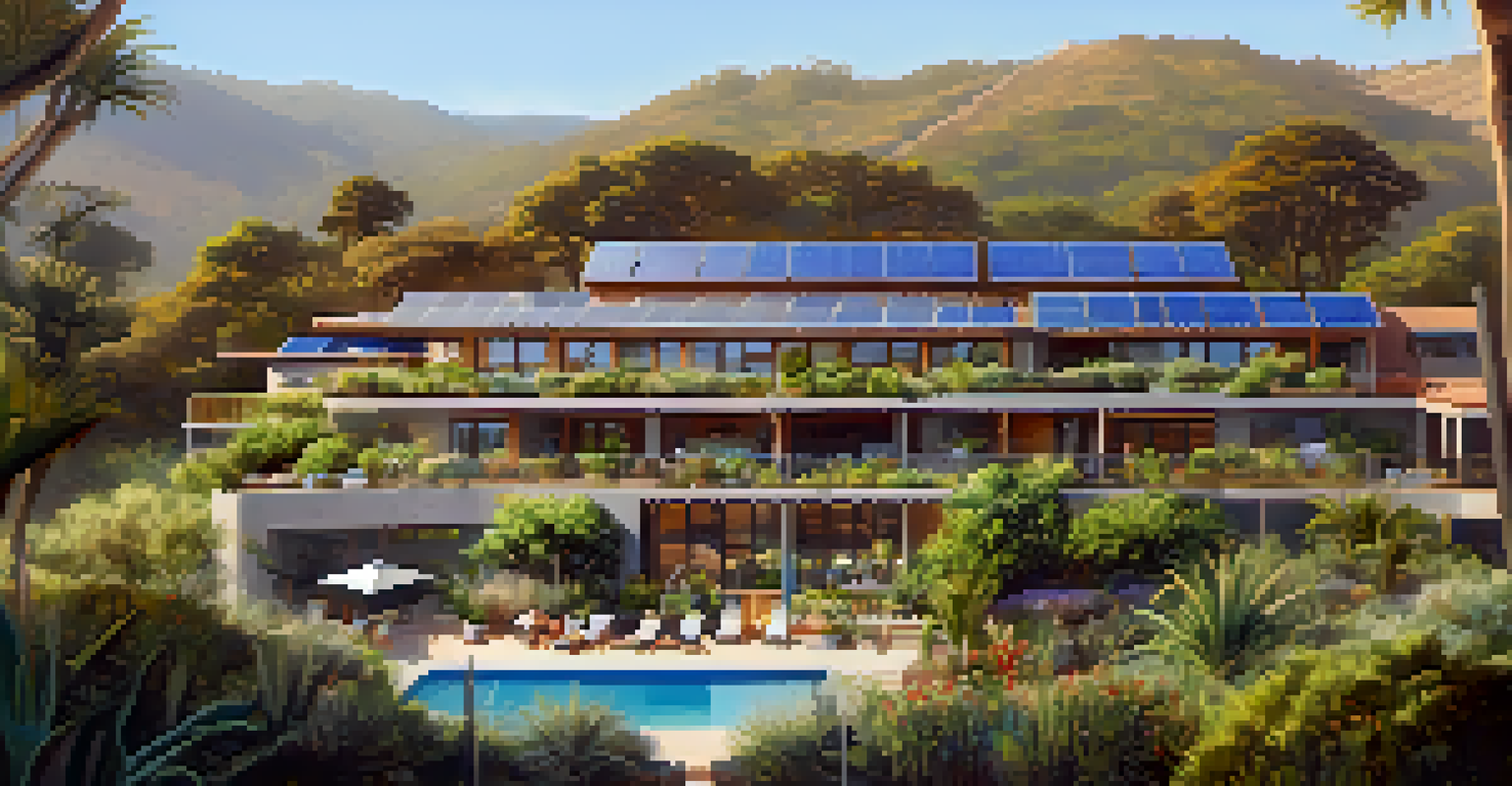 An eco-friendly hotel in Malibu surrounded by greenery, featuring solar panels and a vibrant garden.