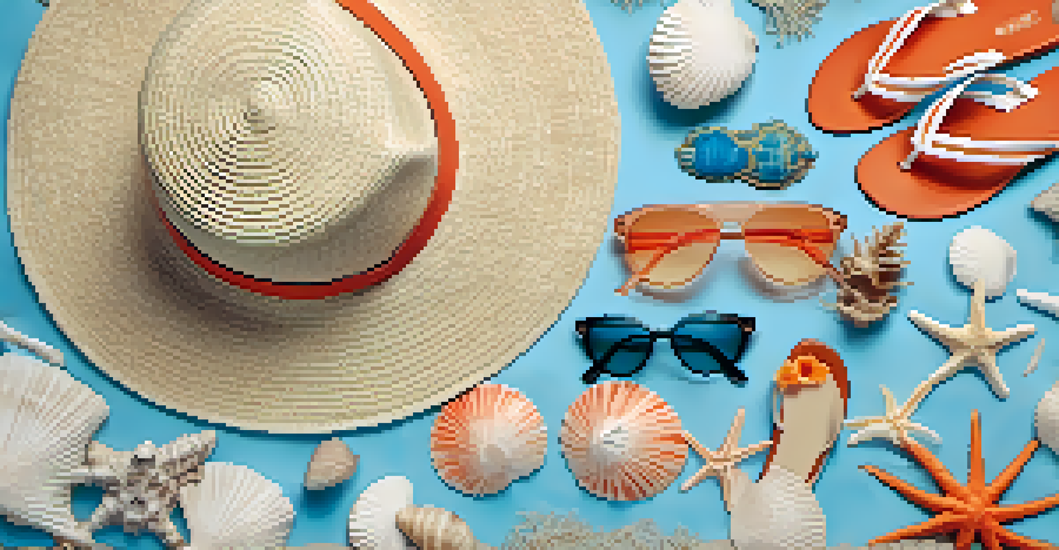 A flat lay of summer beach accessories in colors inspired by Malibu, including a straw hat and sunglasses.