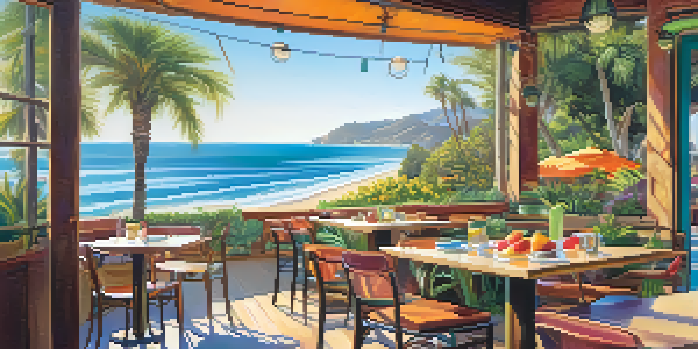 An outdoor cafe table in Malibu filled with colorful organic dishes, with sunlight filtering through palm trees and an ocean view in the background.