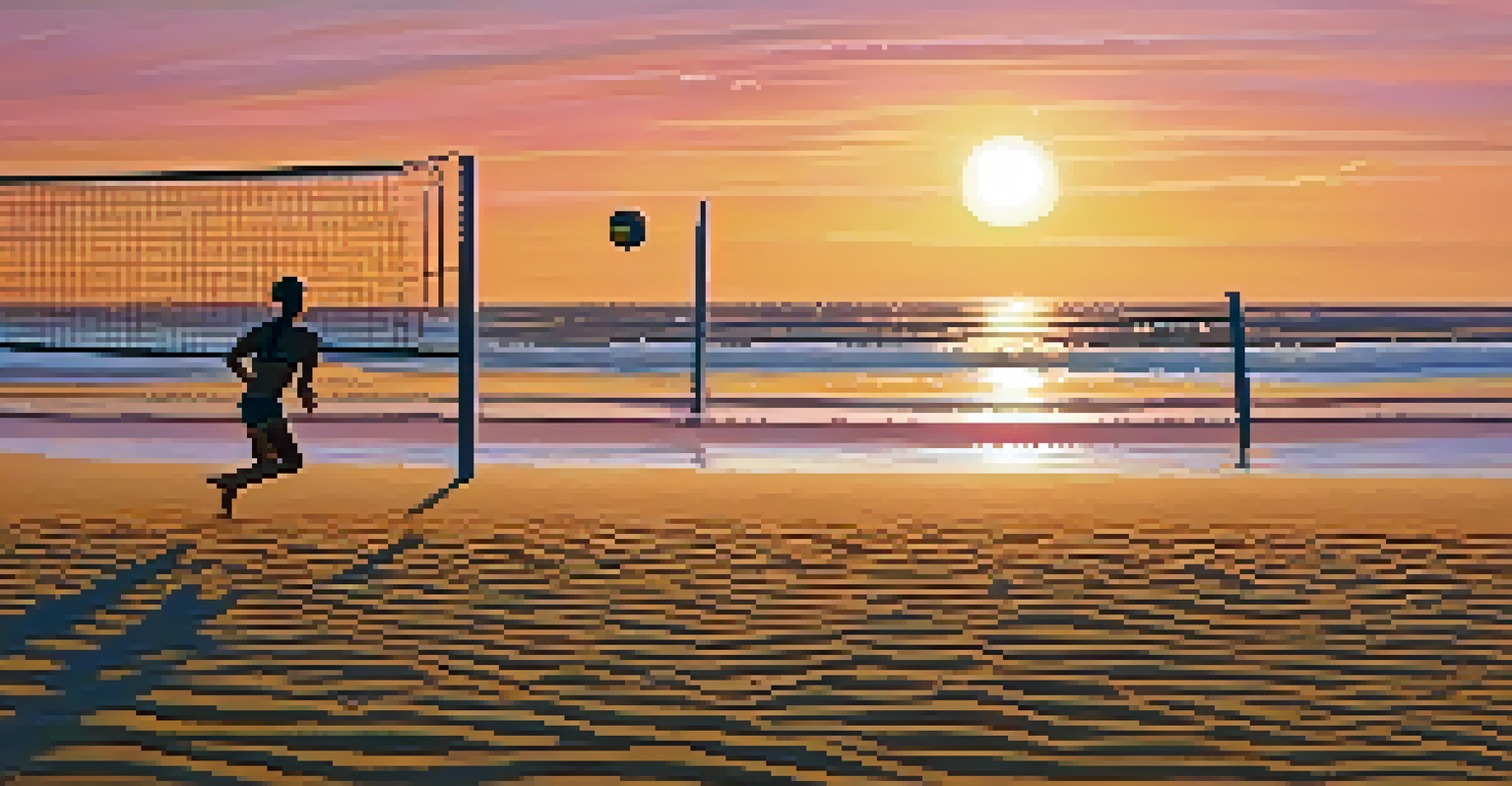 A close-up of a beach volleyball in the sand with a sunset in the background and players silhouetted in the distance.