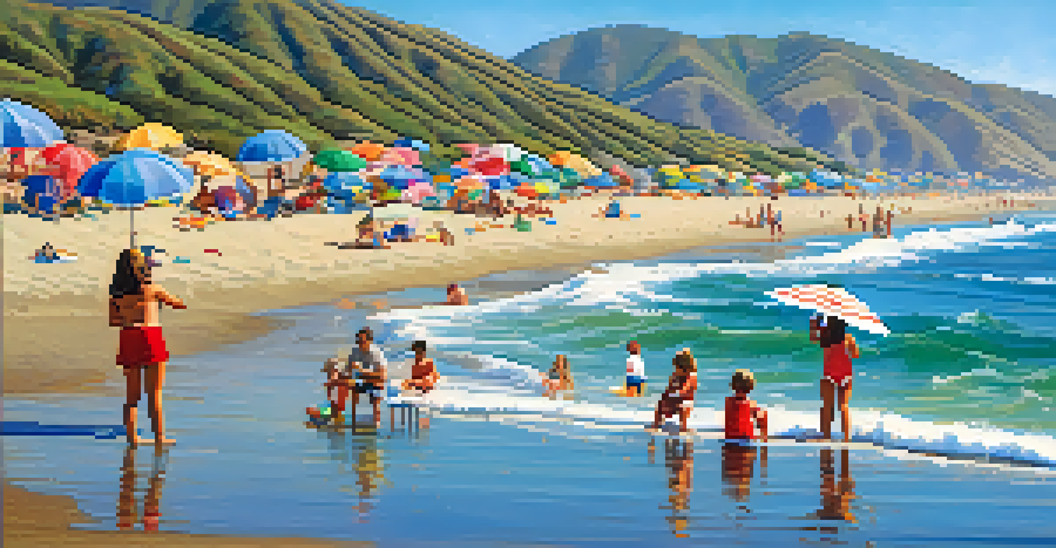 A family at Point Mugu State Park enjoying the beach, with kids building sandcastles and parents relaxing under umbrellas.