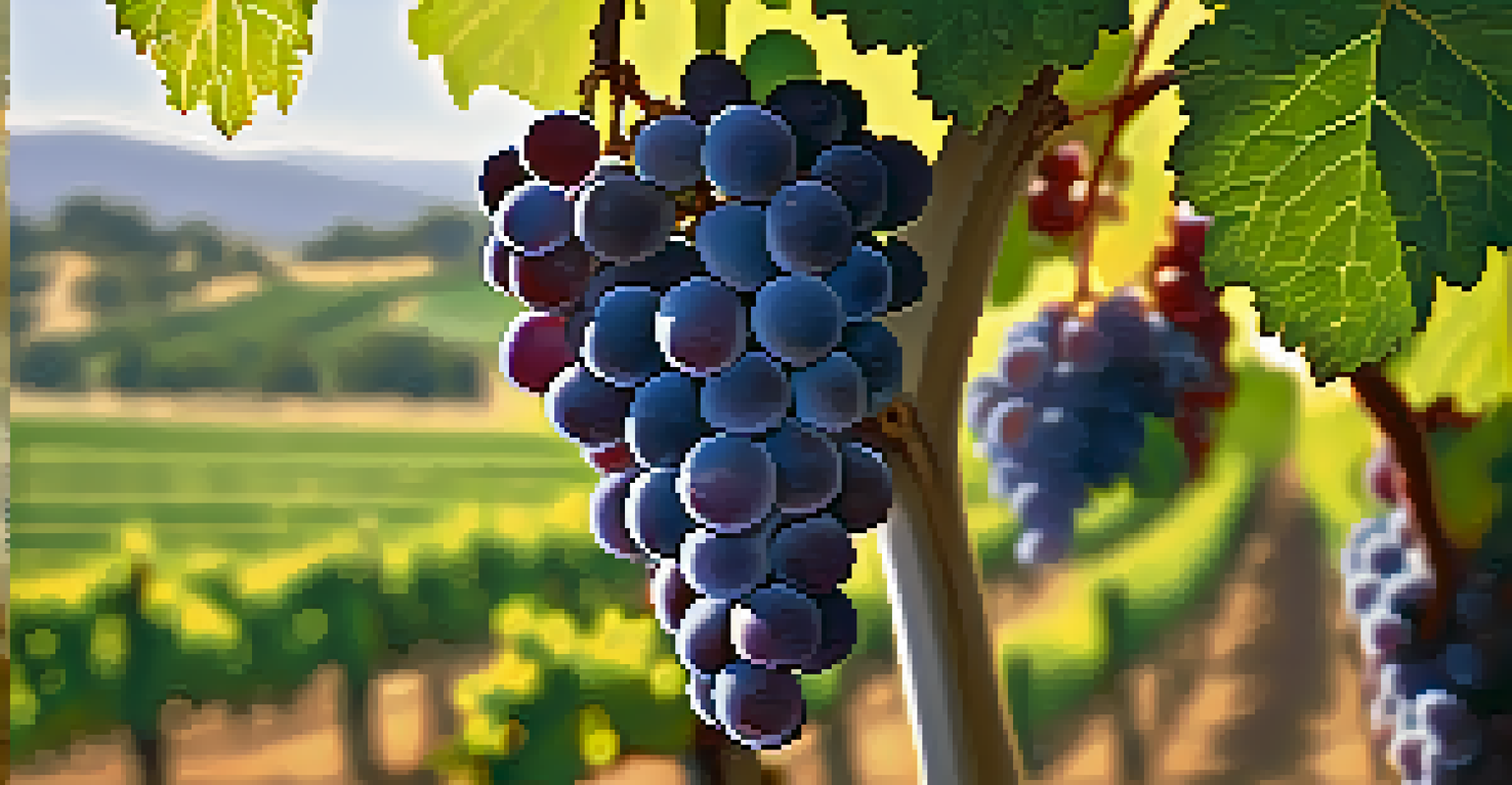 A close-up image of a cluster of ripe grapes with dew drops, set against a blurred vineyard background.