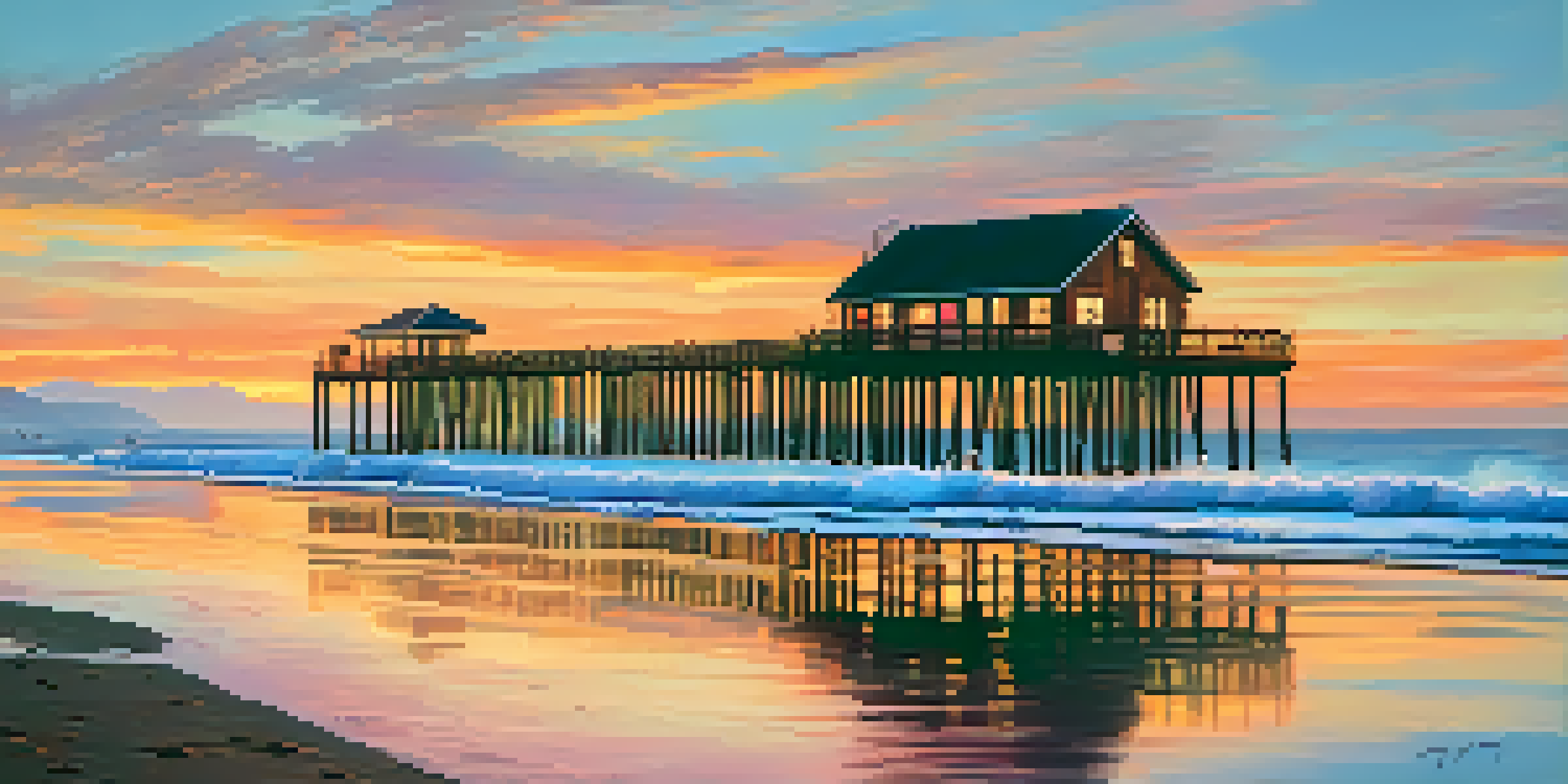 Panoramic view from Malibu Pier at sunset, with colorful sky and crashing waves.