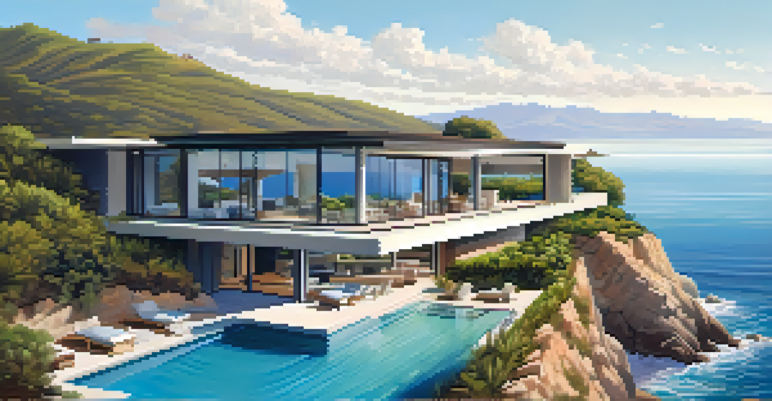 An aerial view of a luxurious modern mansion in Malibu, with an infinity pool and ocean views.