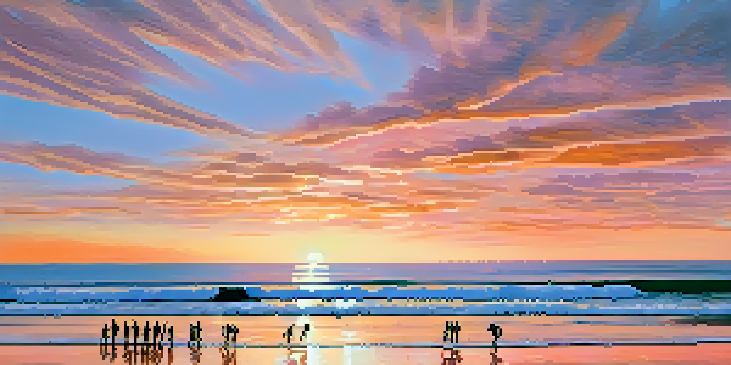 A picturesque sunset view of Surfrider Beach in Malibu, featuring surfers and palm trees.