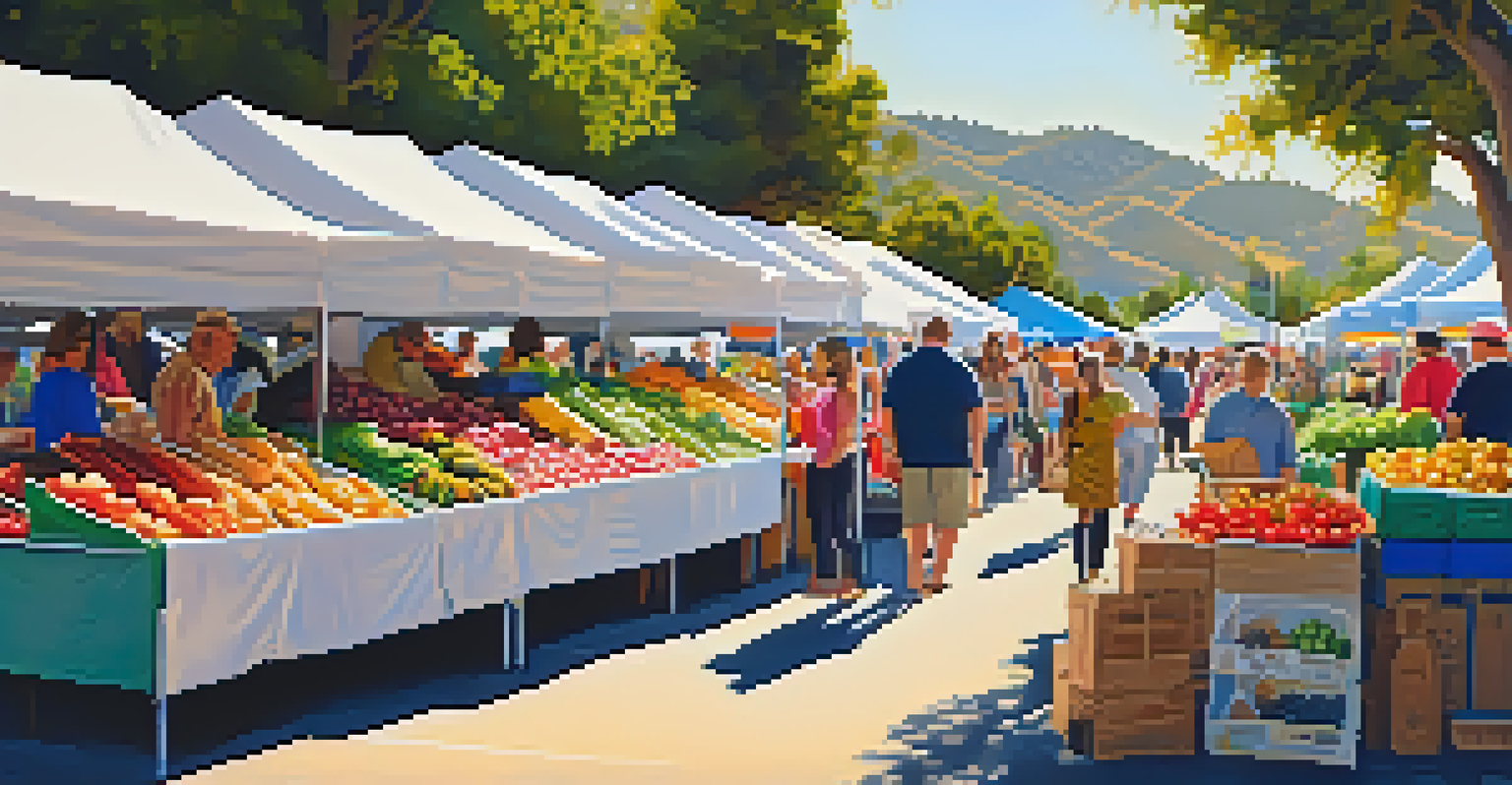 A vibrant farmers' market in Malibu with colorful stalls of fresh produce and residents selecting fruits and vegetables under warm sunlight.