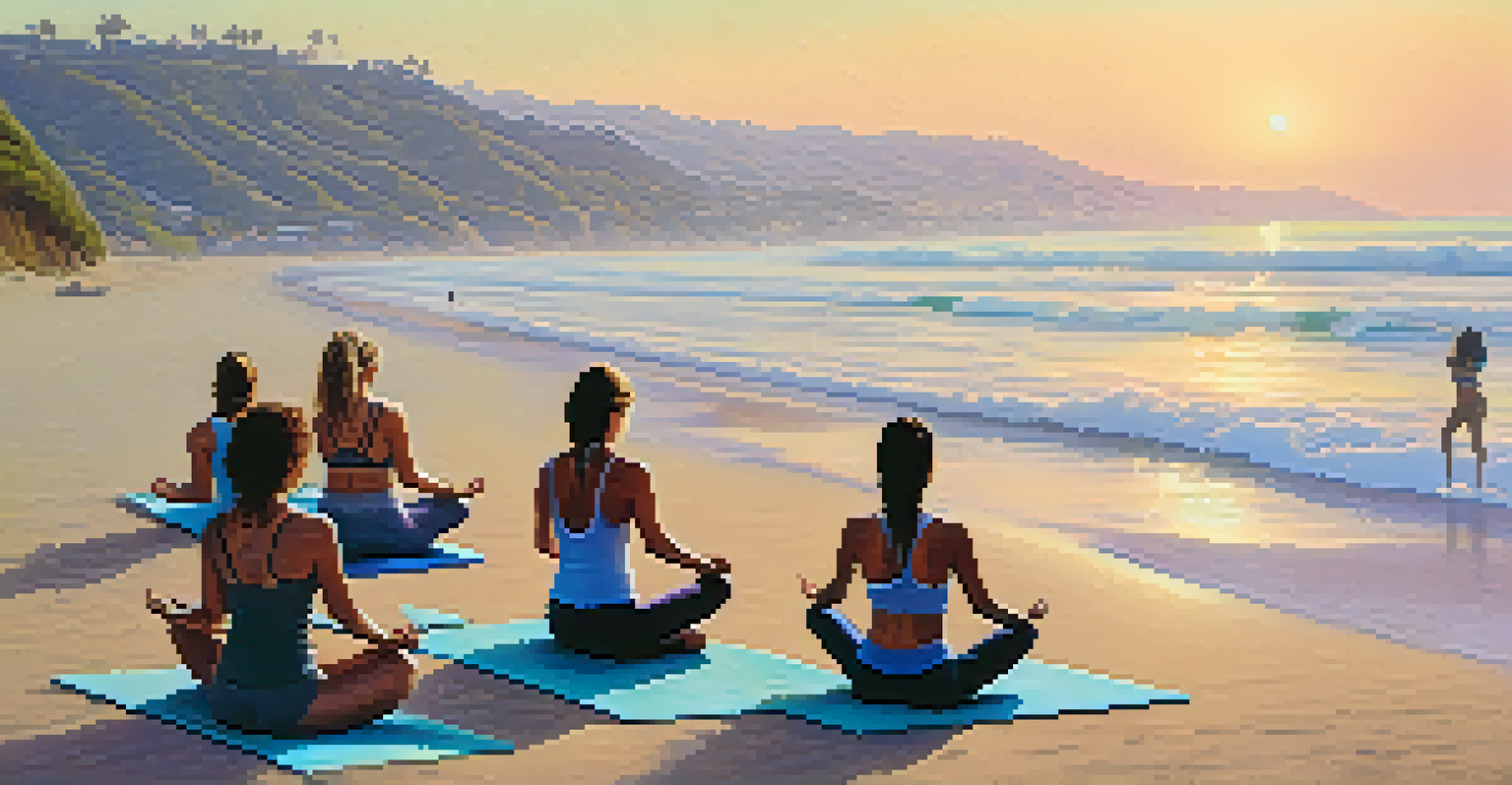 A group of people practicing yoga on the beach at sunrise in Malibu, with the ocean waves and colorful sky in the background.