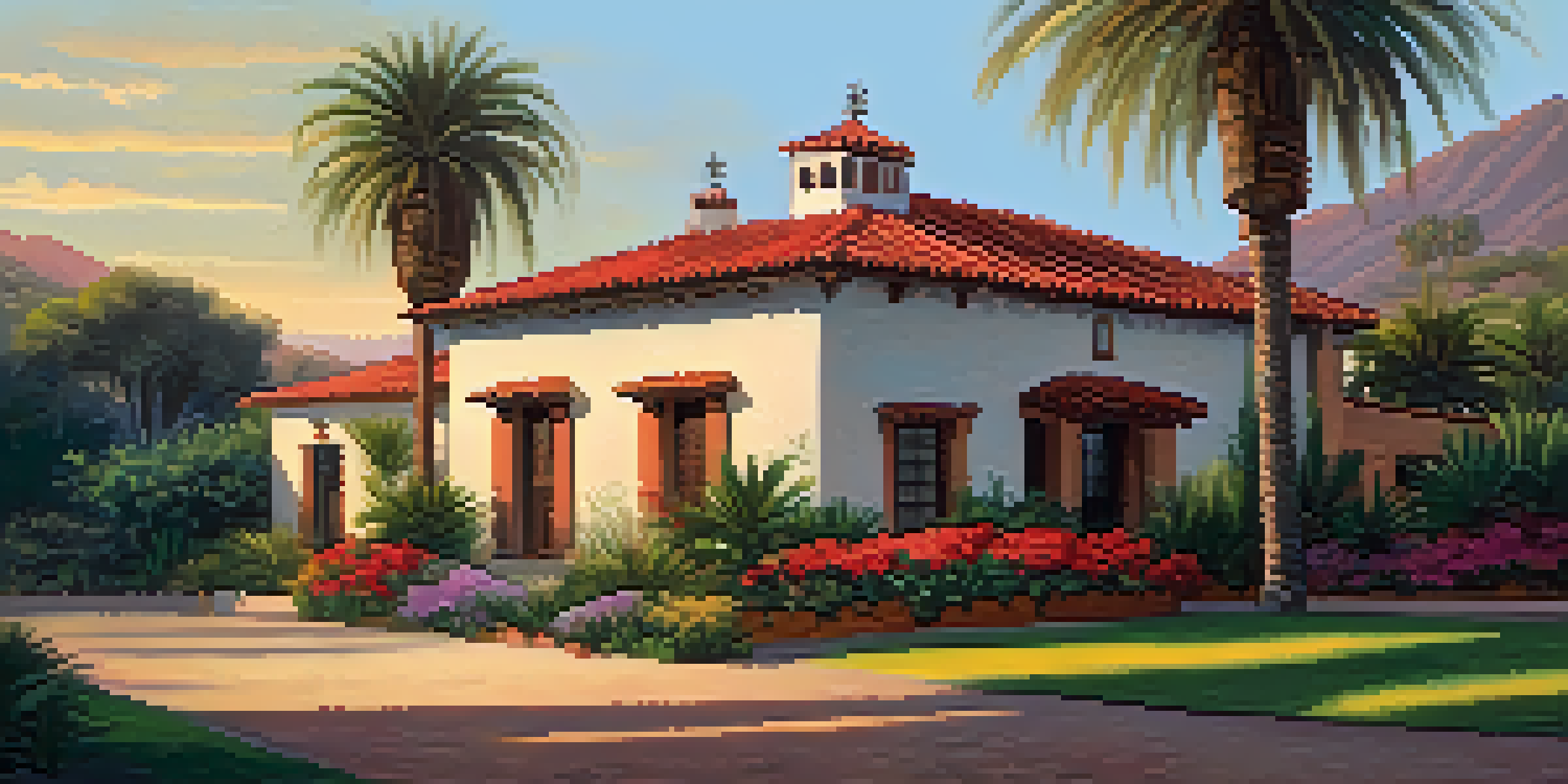 A Spanish mission-style building with adobe walls and a red-tiled roof surrounded by gardens, illuminated by sunset.