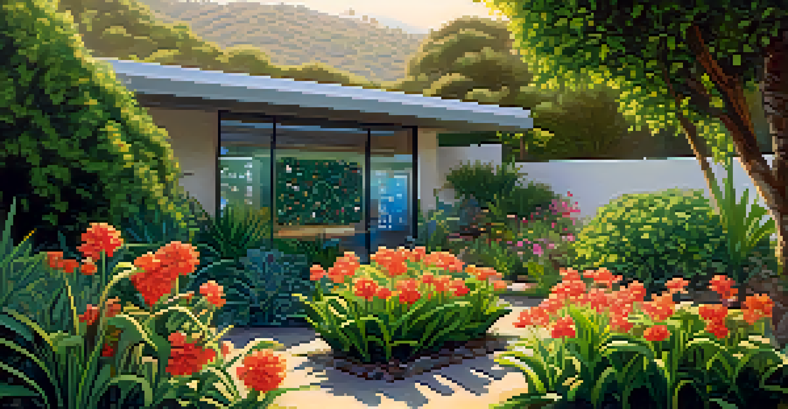 A smart irrigation system in a Malibu garden surrounded by healthy plants, displaying moisture levels on a digital screen.