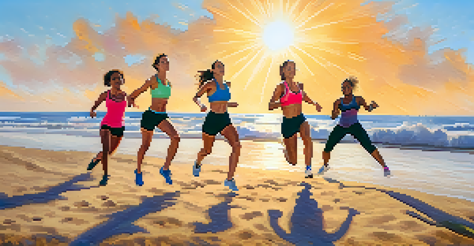 A diverse group of people participating in a high-intensity interval training workout on the beach, with ocean waves and a sunny sky.