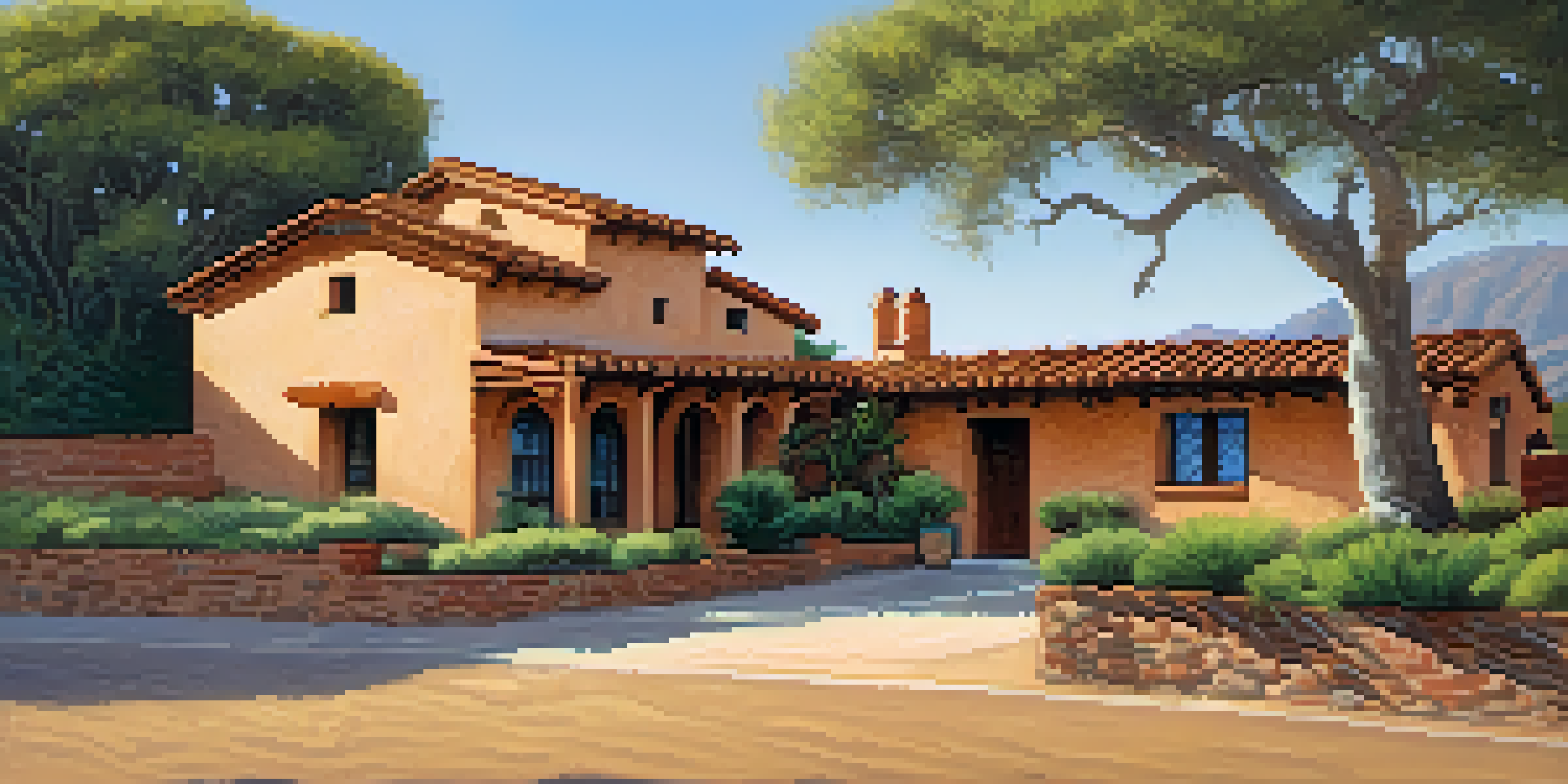 A picturesque view of the Malibu Adobe with its adobe brick architecture and the Santa Monica Mountains in the background.