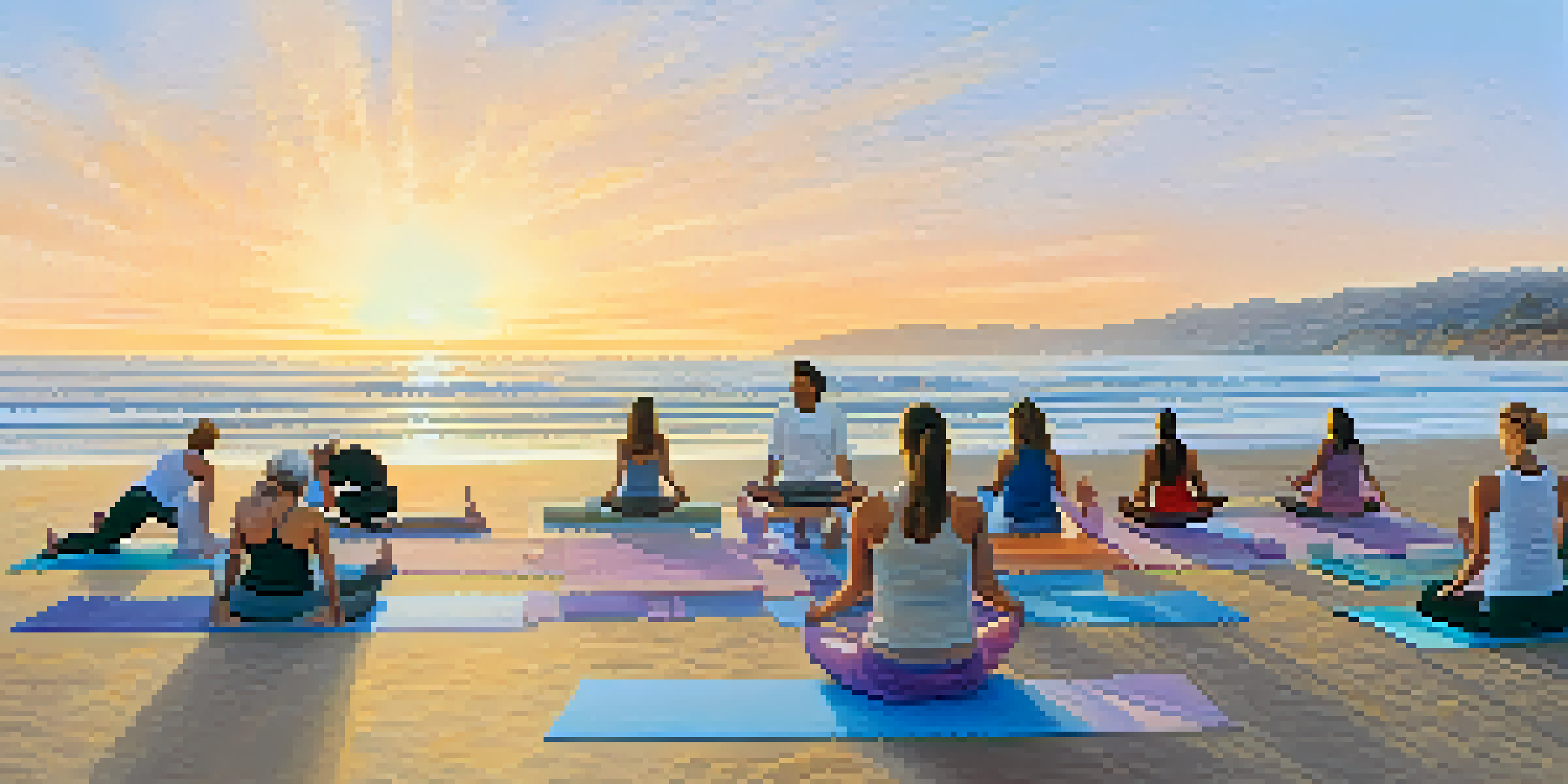 A group of people practicing yoga on the beach at sunrise, with the ocean waves in the background.
