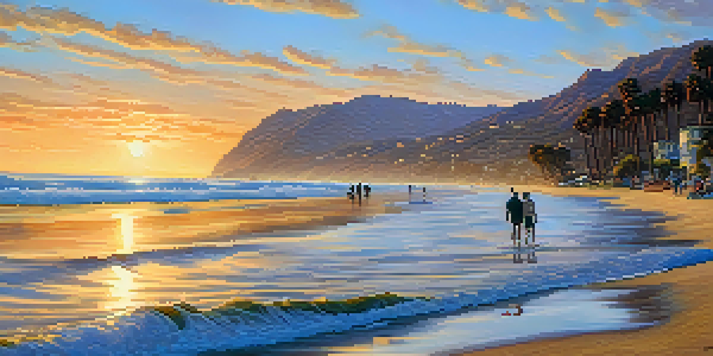 A peaceful sunset view of Malibu beach with golden-orange reflections on the water and silhouettes of cliffs and palm trees.