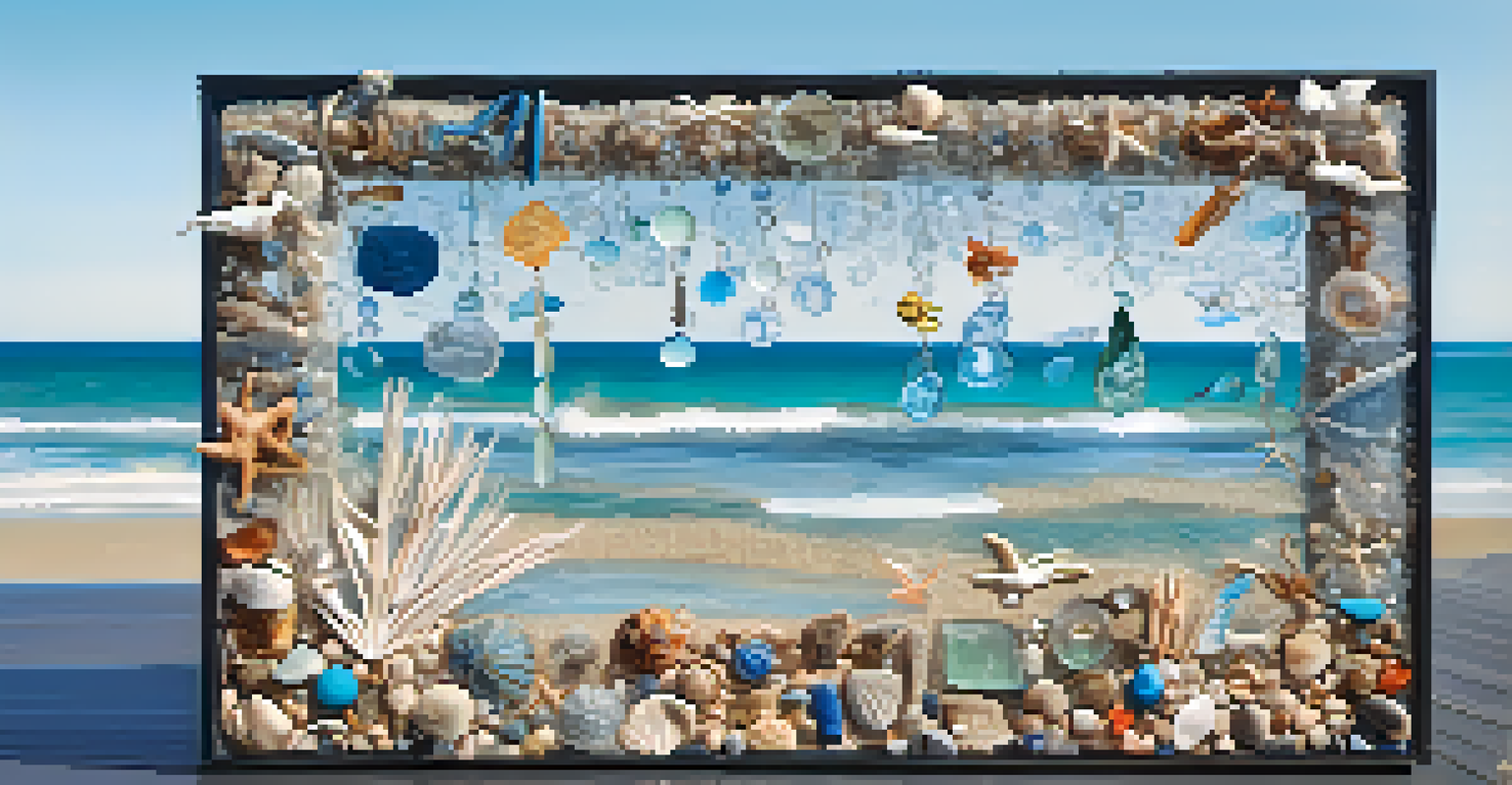 Close-up of a beach art installation made from recycled materials, with the ocean in the background.