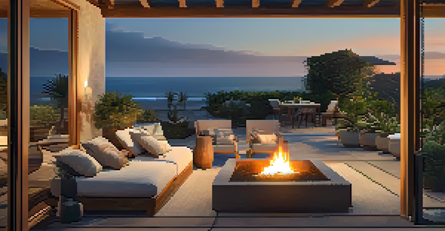 A cozy outdoor living space in Malibu with lounge chairs and a fire pit, overlooking the ocean at sunset.