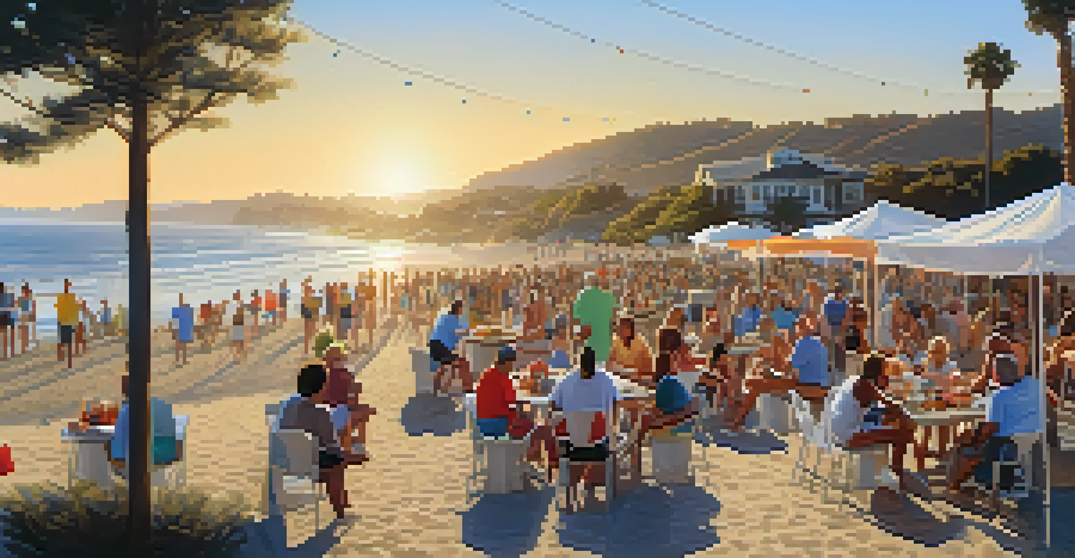 A joyful community gathering at the beach, with people enjoying a barbecue after a volleyball game, surrounded by beautiful beach scenery.