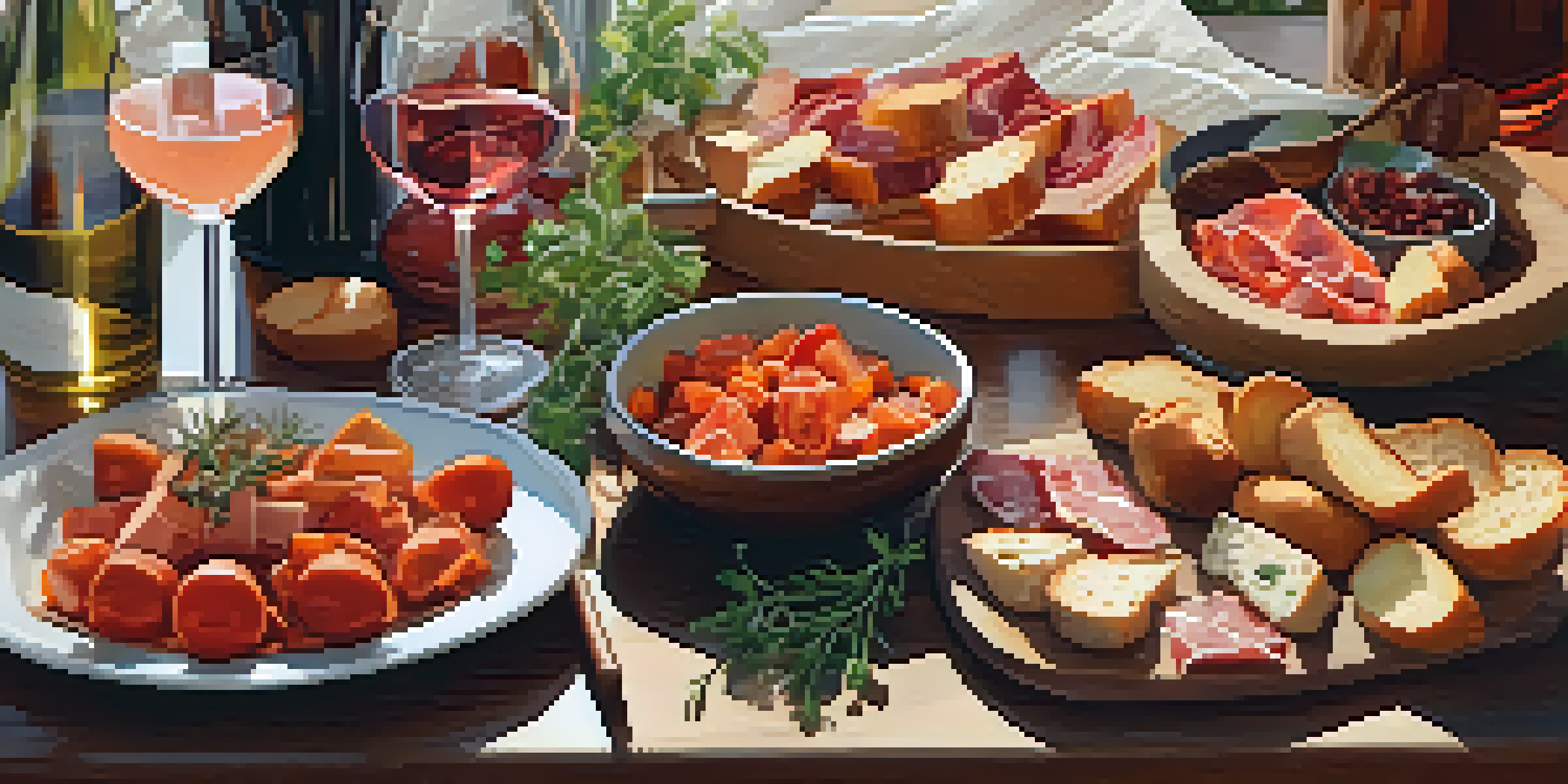 An inviting tapas spread with patatas bravas, pan con tomate, and a charcuterie board, accompanied by a glass of chilled rosé wine on a wooden table.