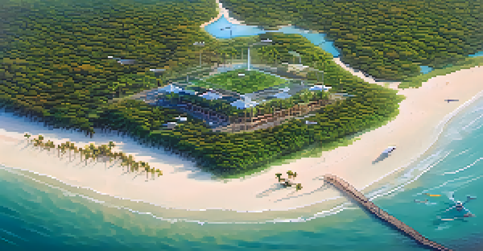 An aerial view of a coastal area with sandy beaches and wetlands, monitored by drones under a golden sunset.