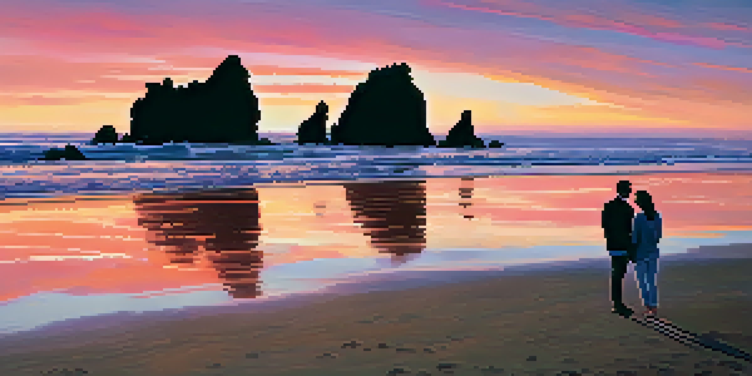 A romantic sunset at El Matador Beach with rocks and gentle waves.