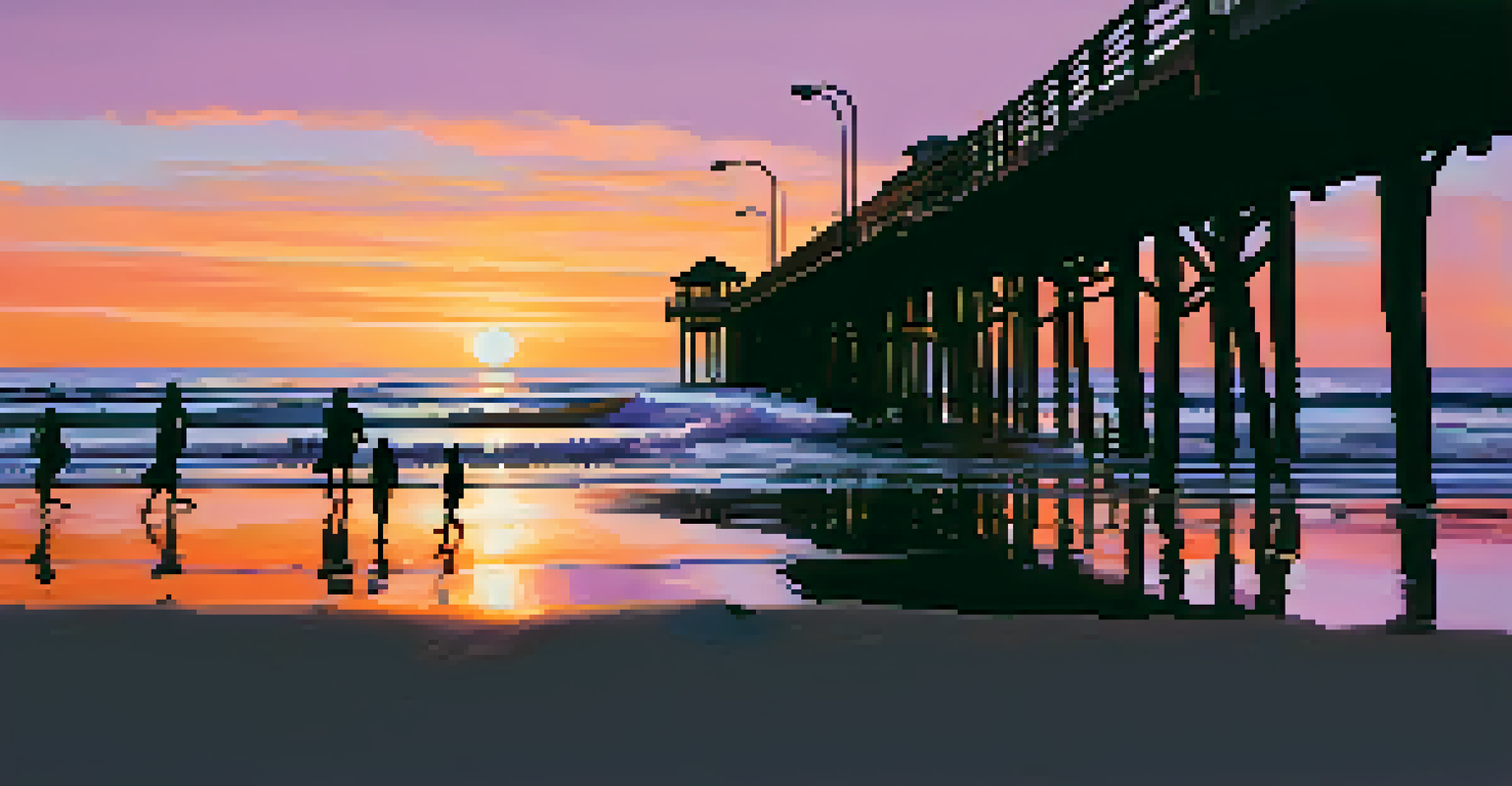 Malibu Pier at sunset with surfers and people enjoying the beach atmosphere.