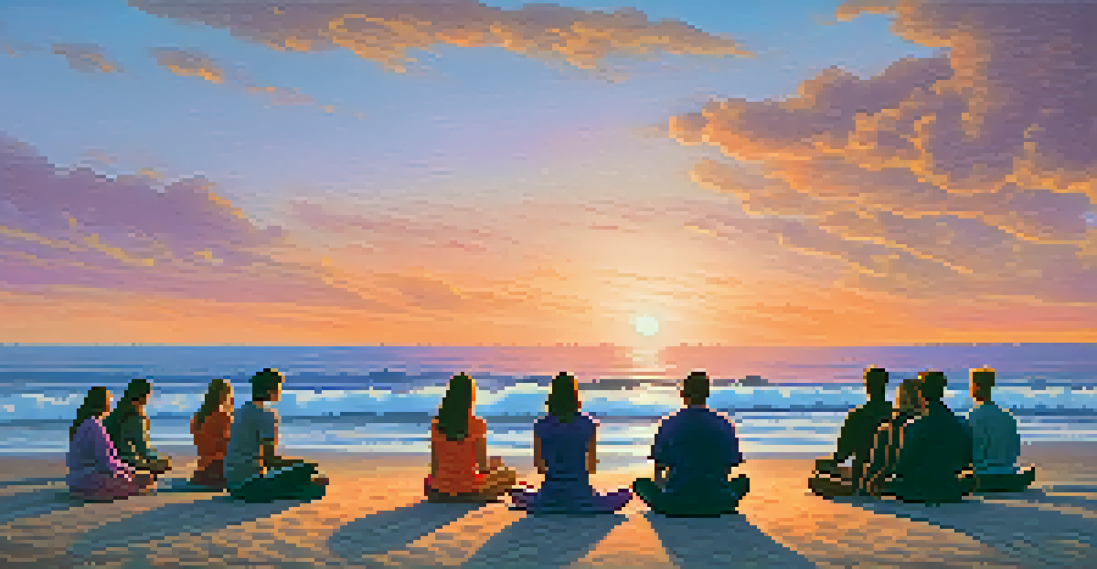Participants meditating on a Malibu beach during sunset, with the ocean waves and a colorful sky creating a serene atmosphere.