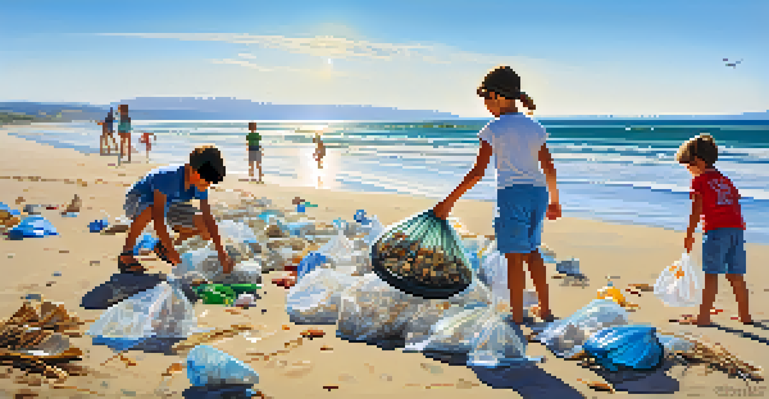 Children participating in a beach clean-up, collecting litter on a sunny beach with bright blue skies.
