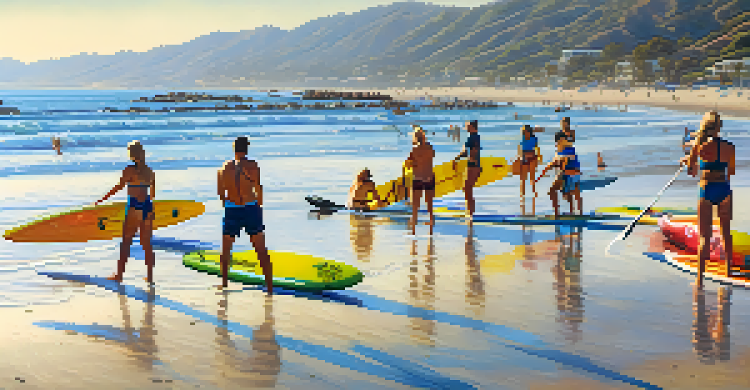 A vibrant scene of multiple paddleboarders at Zuma Beach on a sunny day, with beachgoers in the background and dolphins swimming in the ocean.