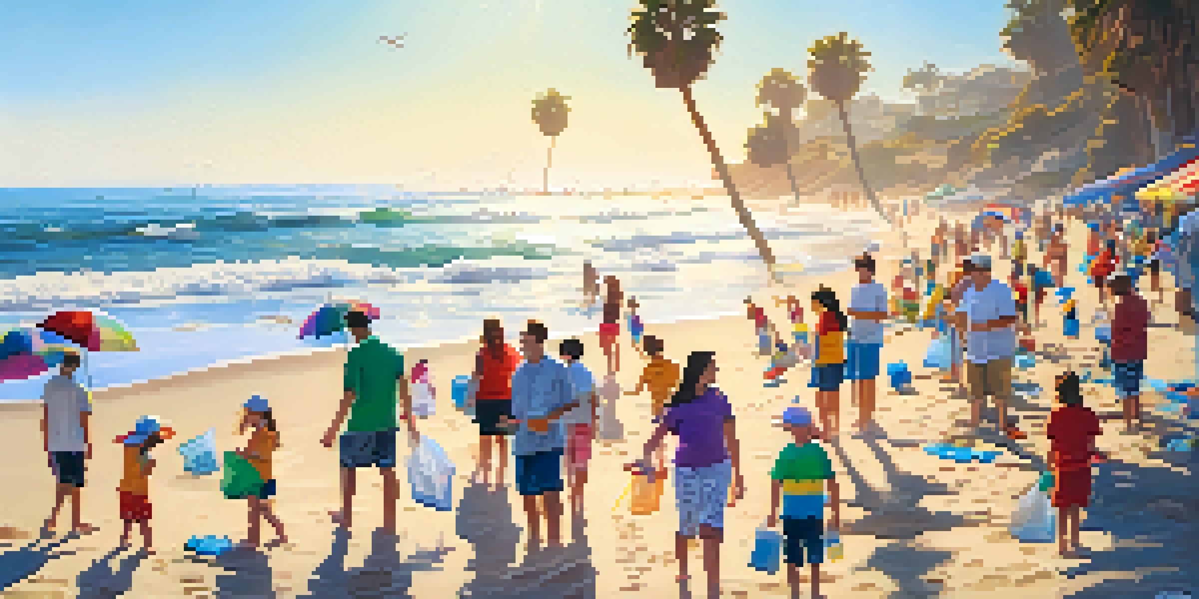 A sunny Malibu beach with families participating in a clean-up event, featuring colorful umbrellas and volunteers collecting trash along the shore.