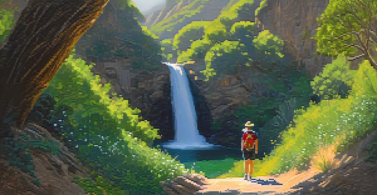 A peaceful view along Solstice Canyon Trail with a waterfall and a hiker surrounded by greenery.