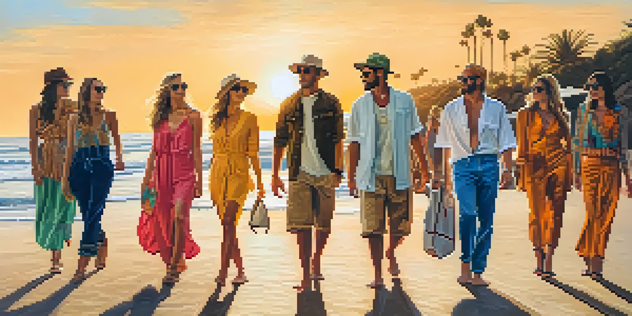 A diverse group of people at Malibu beach wearing eco-friendly clothing, with the sunset casting warm colors on the sky and ocean.
