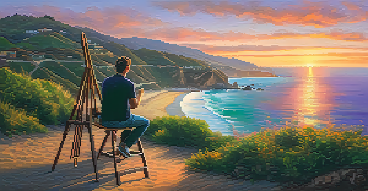 An artist painting a sunset view over the ocean in Malibu, with vibrant colors in the sky and lush greenery surrounding the scene.