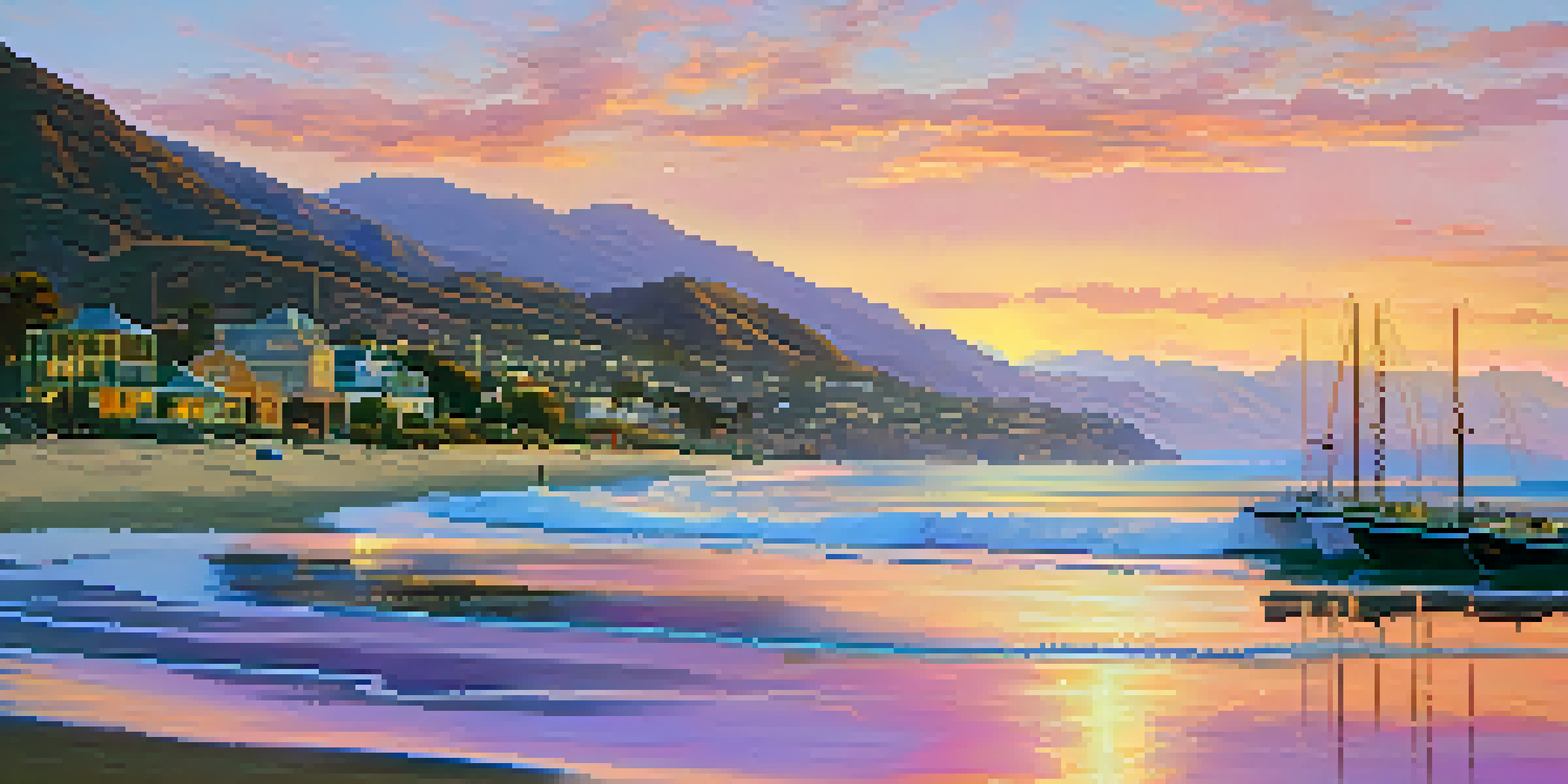 A sunset view of Malibu's coastline with colorful skies, calm ocean waters, and anchored fishing boats near a sandy beach.