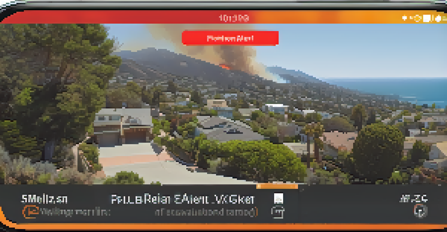 A smartphone displaying a wildfire alert app in a Malibu neighborhood, with a home in the background showcasing defensible space.