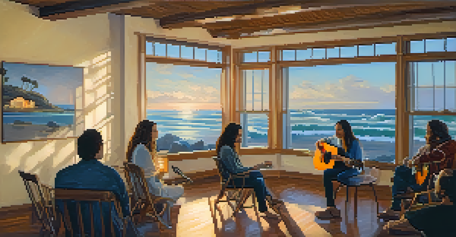 An acoustic performance inside the Malibu Beach House, with an artist playing guitar in a warmly lit room.