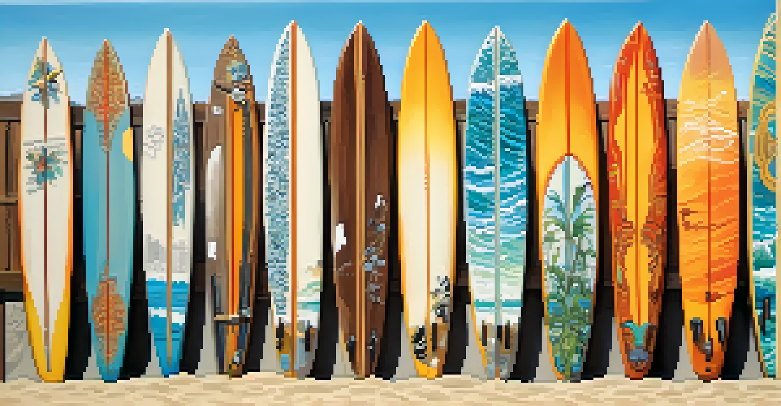 A colorful display of surfboards on the Surfers' Wall at Zuma Beach with surfers in the background.