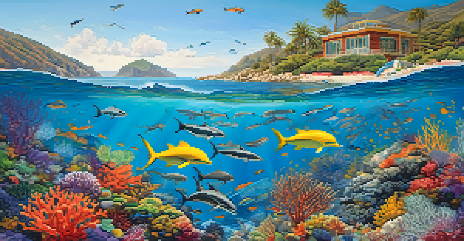 A colorful underwater scene with fish and dolphins swimming around a coral reef in Malibu.