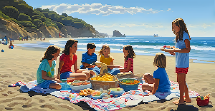 A family enjoys a picnic on the beach with kids playing in the background under a sunny sky.